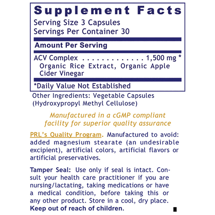 ACV, Premier (90 Caps)  Dietary Supplement Apple Cider Vinegar Caps Live-Source Fermentation